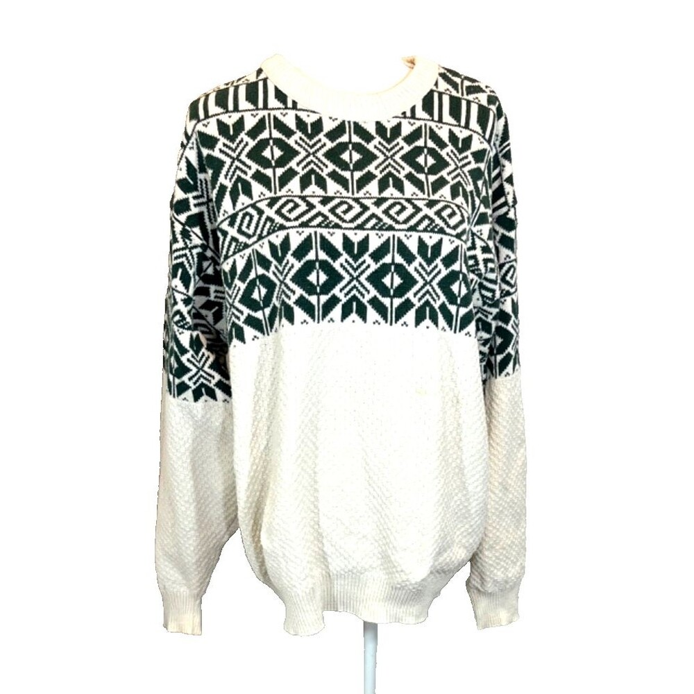 Ash Creek Trading Sweater Mens L White Green Long Sleeve Crewneck Cotton